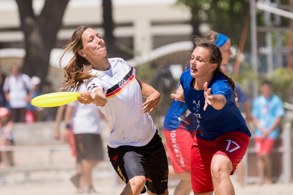 Nici Prien with a throw against France. Photo by Tino Tran.